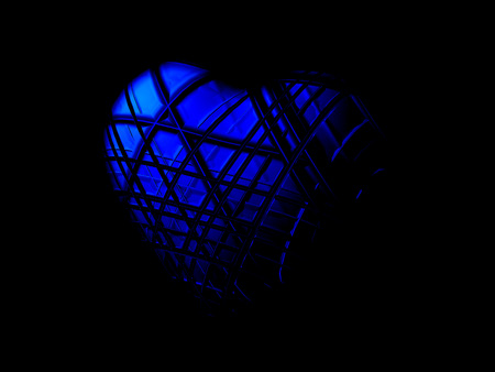 Checkered patterned heart shape, 3D model heart, blue, oblique lighting and black background.の写真素材