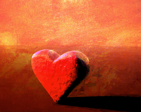 Red and orange oil painting of a 3D heart model with subtle organic bumpy surface texture, lit from the side, with shadow on a surface.の写真素材