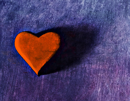 Etching style orange 3D heart shape lit by single with diffuse shadow, semi-gloss material, lying flat, on rough blue and purple texture.の写真素材