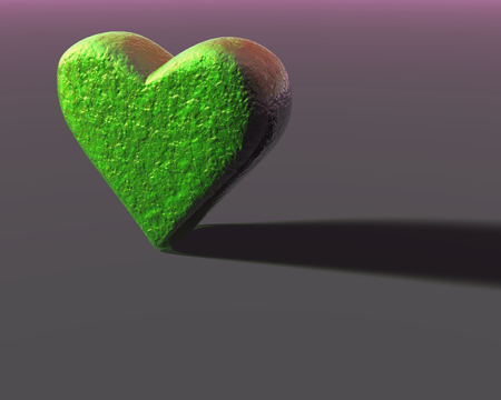 Yellow-green 3D heart model with subtle organic bumpy surface texture, lit from the side, with shadow on a gray surface.の写真素材