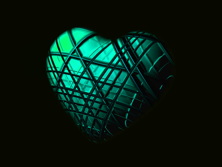 Checkered patterned heart shape, 3D model heart, cyan or turquoise, oblique lighting and black background.の写真素材