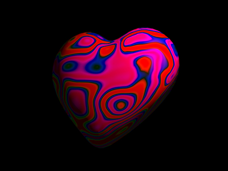 Red and blue 3D heart model with subtly multi-colored surface, on black background.の写真素材