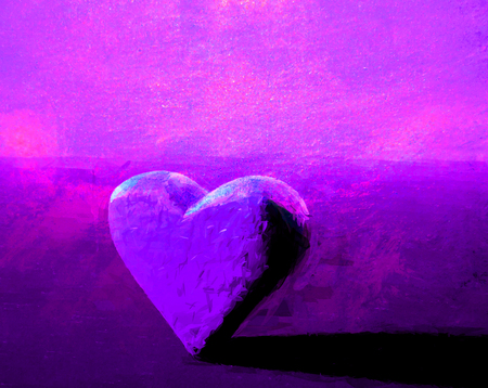 Magenta and purple oil painting of a 3D heart model with subtle organic bumpy surface texture, lit from the side, with shadow on a surface.の写真素材