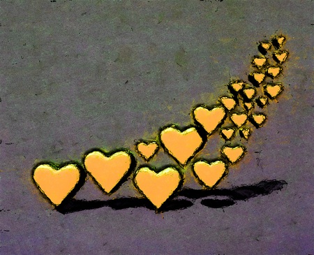 Cartoon style 3D hearts, a group of different sized yellow heart shapes with shadows, grungy cartoon sketch style, on a grunge texture background.の写真素材