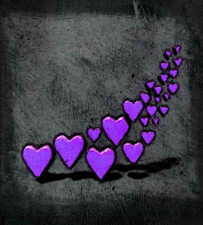 Cartoon style 3D hearts, a group of different sized purple heart shapes with shadows, grungy cartoon sketch style, on a gray grunge texture background.の写真素材