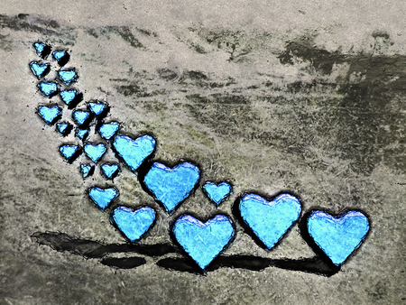 Cartoon style image of many 3D hearts, a group of different sized blue heart shapes with shadows, grungy cartoon sketch style, on a gray grunge texture background.の写真素材