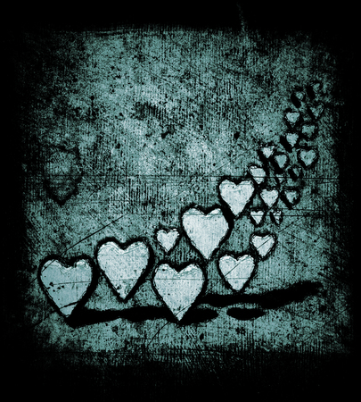 Cartoon style swirl of many 3D hearts, group of different sized heart shapes in a curved shape, with shadows, grungy cartoon sketch style, on a gray grunge texture background with dark vignette, slight blue tints.の写真素材