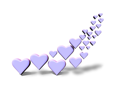 Swirl of many 3D hearts, group of different sized purple heart shapes in a curved shape, with shadows, on a white background.の写真素材