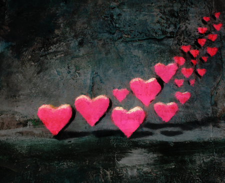 Rough painted group of many 3D hearts, a group of different sized red heart shapes with shadows, on...