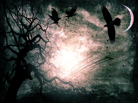 Grunge Halloween concept image, dark mood, dead tree, moon and crows, and a patch of light, on a grunge textured background with dirt and scratches, with pink and blue tints.の写真素材