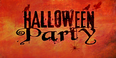Halloween Party invite with cat, crows and spider and wording saying Halloween Party in 2 fonts, on a grunge textured background, red and orange tints.の写真素材