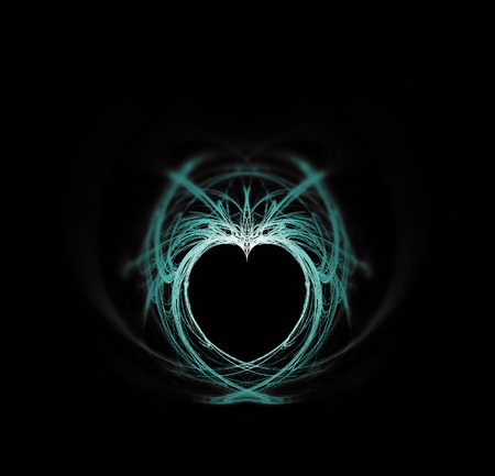 Fractal heart, a beautiful symmetrical flame fractal creating a heart-shaped negative space, grays with cyan or turquoise tints on black background, sharp grainy center and blur vignette.の写真素材