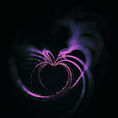 Fractal heart, a beautiful flame fractal creating a heart-shaped negative space, white with magenta, purple and blue tints on black background, sharp grainy center and bokeh blur vignette.の写真素材
