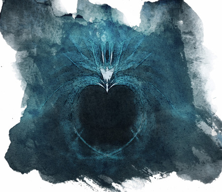 Rough watercolor fractal heart, a beautiful symmetrical fractal creating a heart-shaped negative space, rough watercolor painted style, blue tints.の写真素材