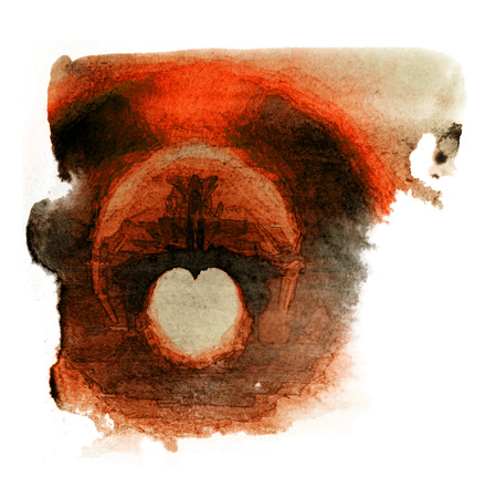 Rough painted fractal heart shape, a beautiful symmetrical fractal leaving a heart-shaped negative space, rough painted watercolor style with brush strokes on watercolor paper, orange tints, white background.の写真素材