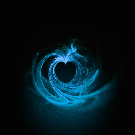 Fractal heart, a beautiful fractal creating a small heart-shaped negative space, white on black background, sharp grainy center, with blur vignette and vivid blue tints, black background.の写真素材