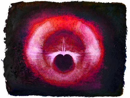 Rough painted fractal heart shape, a beautiful symmetrical fractal leaving a heart-shaped negative space, rough painted watercolor style, with irregular edges and white background, vivid warm colored tints.の写真素材