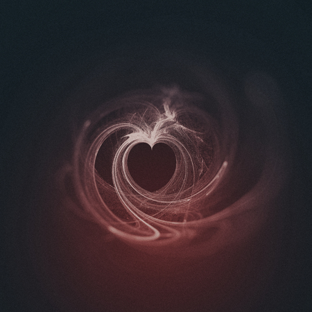 Fractal heart, a beautiful fractal creating a small heart-shaped negative space, white on black background, sharp grainy center, with blur vignette and red tints.の写真素材