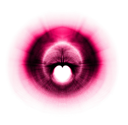 Processed Fractal heart, a beautiful symmetrical fractal with zoom blur, creating a small heart-shaped negative space, dark with red-magenta tints on white background.の写真素材