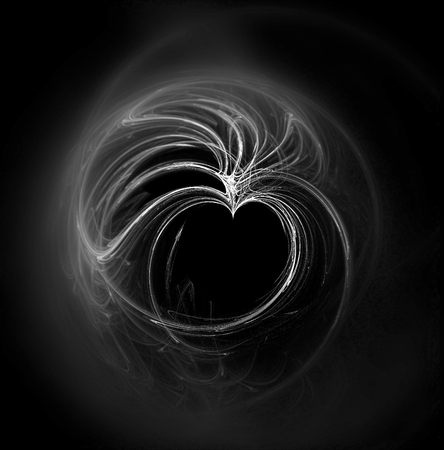 Fractal heart, a beautiful complex flame fractal creating a small heart-shaped negative space, white on black background, sharp grainy center and smoother outer edges.の写真素材