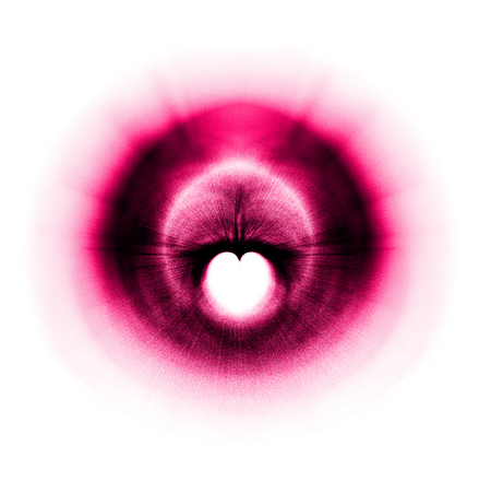 Processed Fractal heart, a beautiful symmetrical fractal with zoom blur, creating a small heart-shaped negative space, dark with red-magenta tints on white background.の写真素材