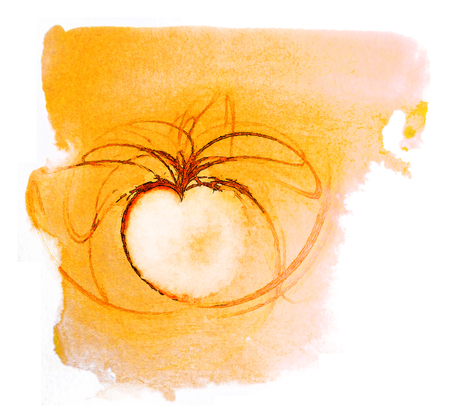 Watercolor fractal heart, fractal with heart shaped negative space, with watercolor effect on watercolor paper with red and orange tints, white background.の写真素材