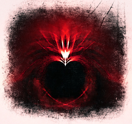 Grungy rough painted fractal heart, a beautiful symmetrical fractal creating a heart-shaped negative space, grunge painted style, red tints.の写真素材