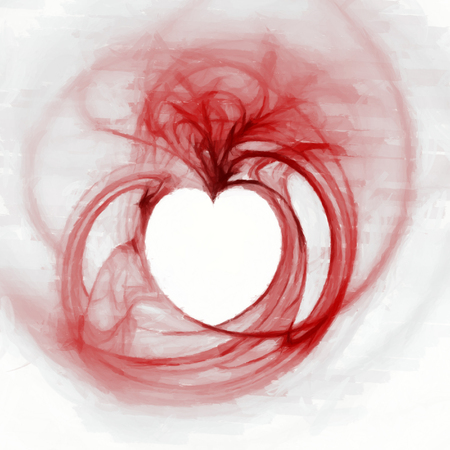 Painted fractal heart, rough painted fractal with heart shaped negative space with brush strokes, red tints on cream background.の写真素材