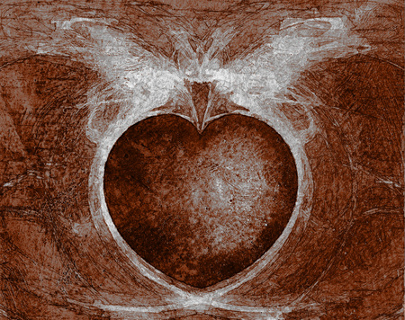 Heart art, a symmetrical fractal with heart-shaped negative space, with rough painted textured effect, in warm browns.の写真素材