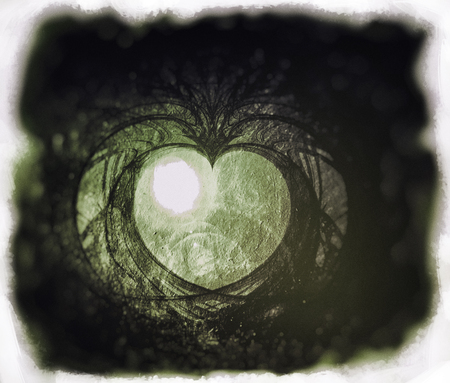 Processed fractal heart, rough painted fractal with heart shaped negative space, on rough painted texture, lens flare effect and blur vignette and yellow-green tints.の写真素材