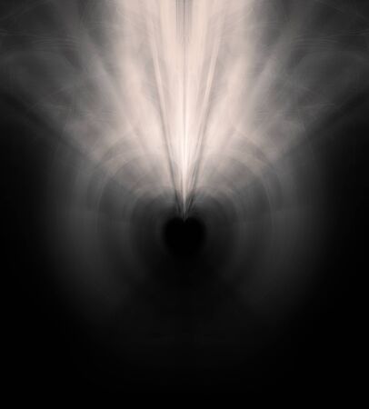 Processed Fractal heart, a beautiful symmetrical fractal with zoom blur, creating a small vague heart-shaped negative space, grays on black background.の写真素材