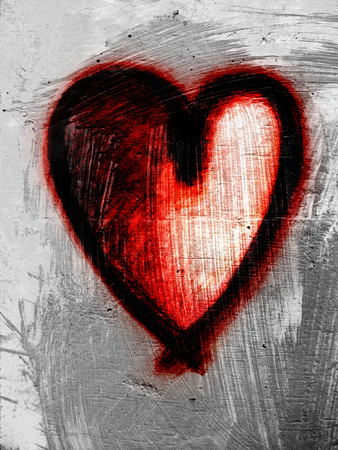 Grunge heart, rough painted heart shape on rough painted concrete texture, grays with red tints.の写真素材