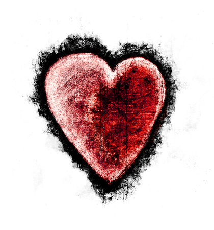 Grunge heart, rough sketched heart shape with dirt, scratches and rough texture, crimson red tints on white background.の写真素材