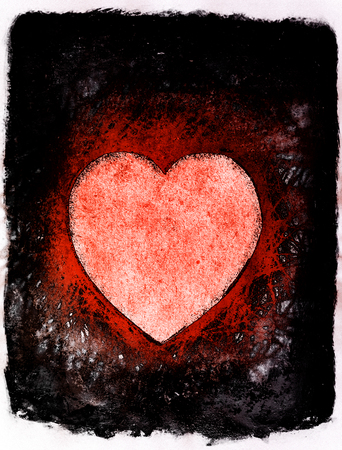 Processed drawn heart, a heart-shaped negative space left by pencil scribbling, etching style, with artistic texture, with uneven edges and red tints.の写真素材