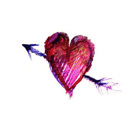 Heart with arrow sketch, a heart shape with cupid's arrow through it, roughly sketched in red and purple markers with rough hatching, on rough paper, on white background.の写真素材
