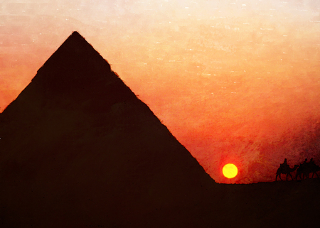 Christmas card with 3 kings on camels near pyramid at sunset, rough oil painted style.の写真素材