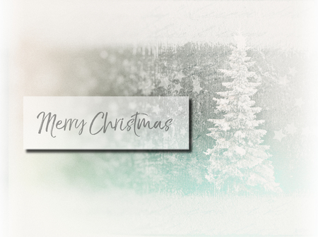 Christmas card with the words Merry Christmas in a contemporary font, on a collage of Christmas tree, star shapes, pine needles and old style lettering, with frame effect and gradient blur, green and warm yellow tints.の写真素材