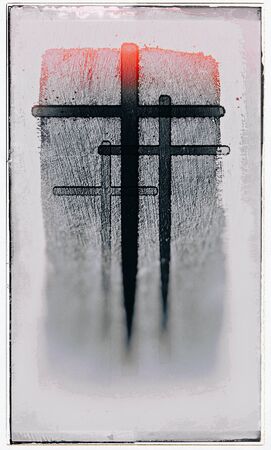 Grunge Christmas card with three cross shapes on rough grunge texture, with uneven frame, blur vignette and etching effects, red tints.の写真素材