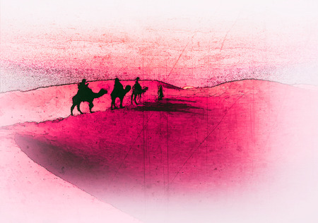 Three Kings Christmas card, grunge etching style with 3 wise men on camels traveling on sand dunes, at sunset, magenta tints.の写真素材
