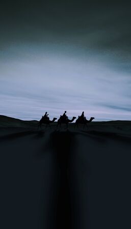 Three Kings Christmas card with the 3 wise men on camels on a simple desert landscape with shadows 3D image, with a real sunset, blue tints, tall.の写真素材