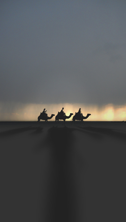 Three Kings Christmas card with the 3 wise men on camels on a simple desert landscape with shadows 3D image, with a beautiful gold and gray real sunset, and distant rain, tall.の写真素材