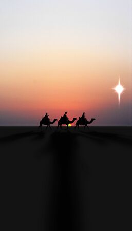 Three Kings Christmas card with the 3 wise men on camels on a simple desert landscape with shadows...