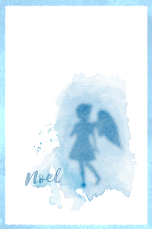 Angel Noel Christmas card, with a girl angel shadow against watercolor texture, and the word Noel in a contemporary brush font, and a painted texture frame, blue tints.の写真素材