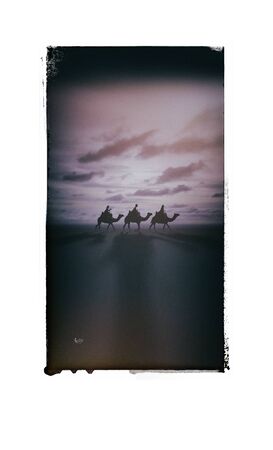 Three Kings Christmas card with the 3 wise men on camels on a simple desert landscape with shadows...