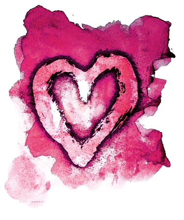 Rough painted heart-shape with dark outline on watercolor background. Purple tints.の写真素材