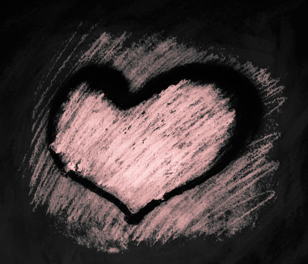 Rough painted sketched heart shape, with rough hatching and dark outline, on rough painted texture, black and white with pink tintsの写真素材