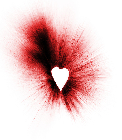 Heart-shaped negative space zoom blurred, red tinted, on white background.の写真素材