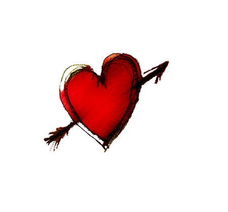 Rough pencil drawn heart shape with arrow through it, slight smudging, black red pencils, on white background.の写真素材