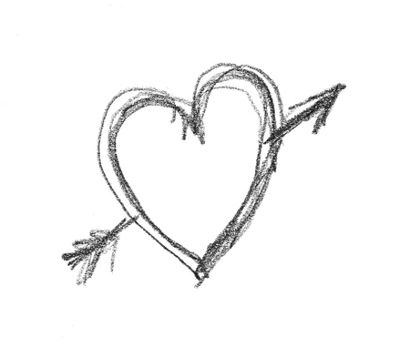 Rough pencil drawn heart shape with arrow through it, on white background.の写真素材