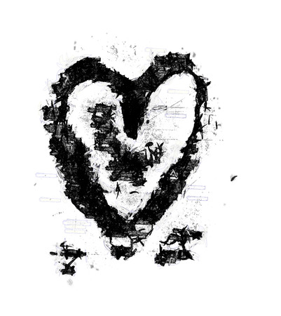 Rough painted heart-shape on rough surface. White background.の写真素材